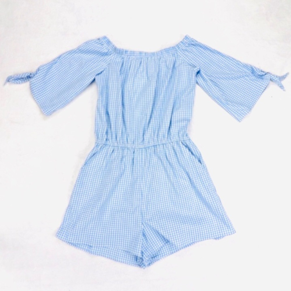 love...ady Romper Gingham Off Shoulder Blue Size M - Picture 4 of 9
